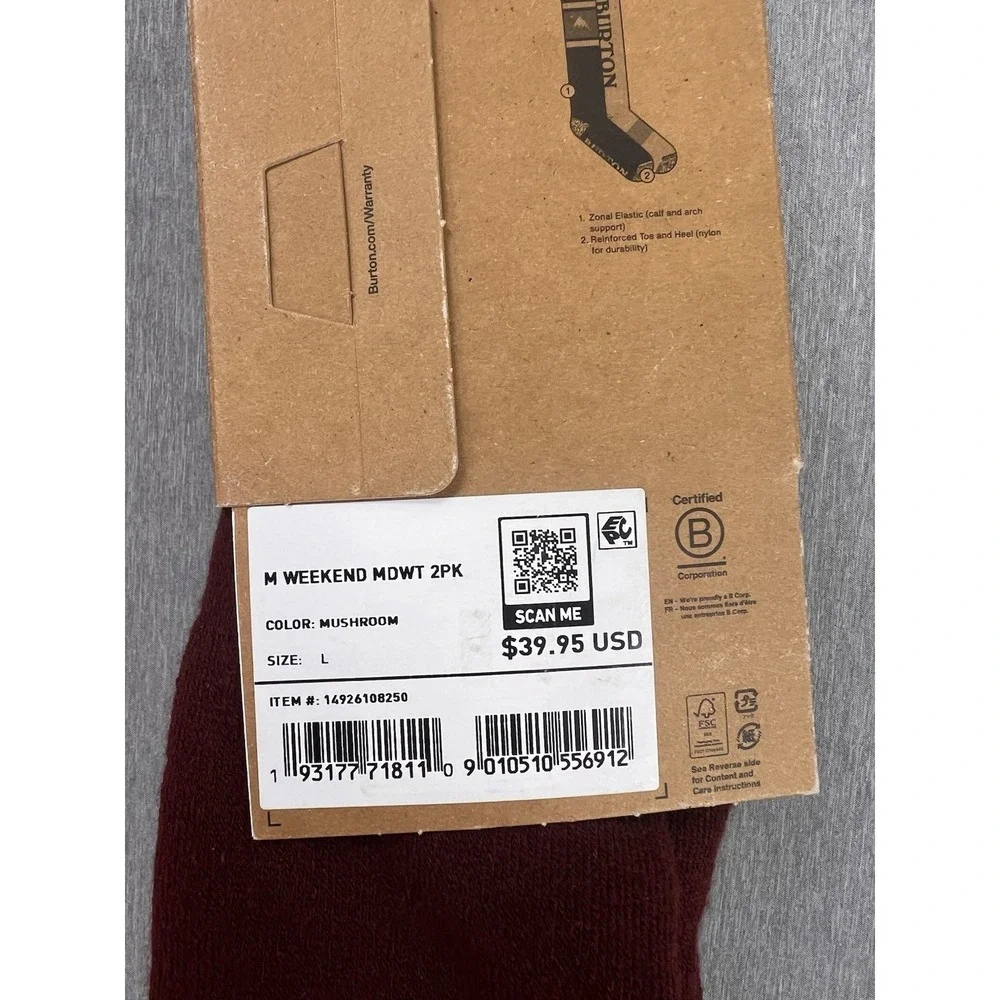 Burton Men's Weekend Ski snow Socks 2 Pack Mushroom Green Maroon Large Snowboard